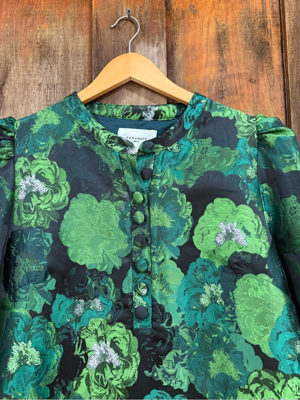 Green Floral Puff-Sleeve Tunic with Button Front